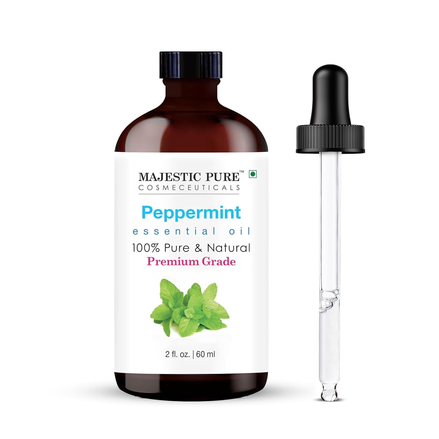 Majestic Pure Aceite Esencial de Menta en frasco ámbar con gotero para uso diario