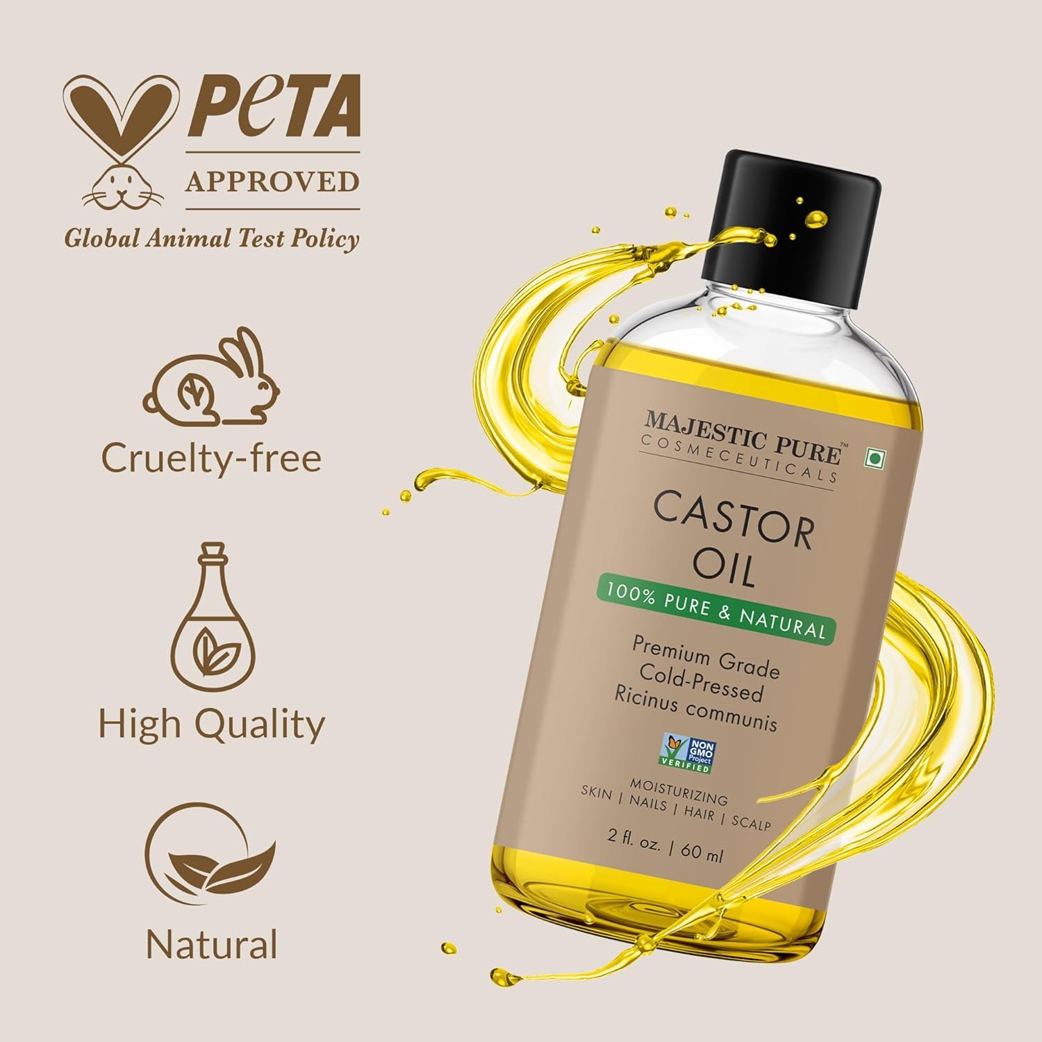 Majestic Pure Aceite de ricino, uso suave en piel para hidratación.