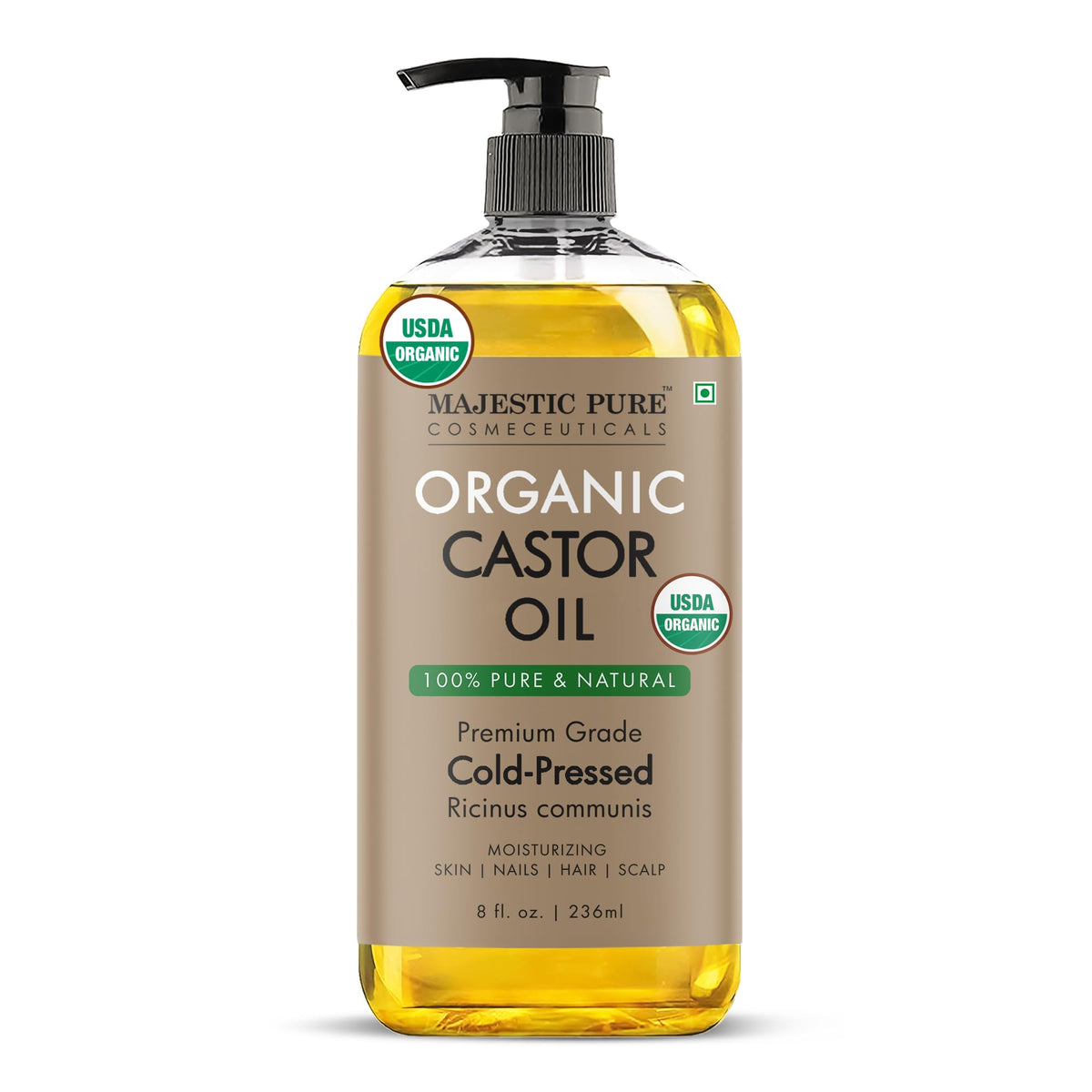 Majestic Pure Aceite de ricino, botella de prensado en frío para uso cosmético diario