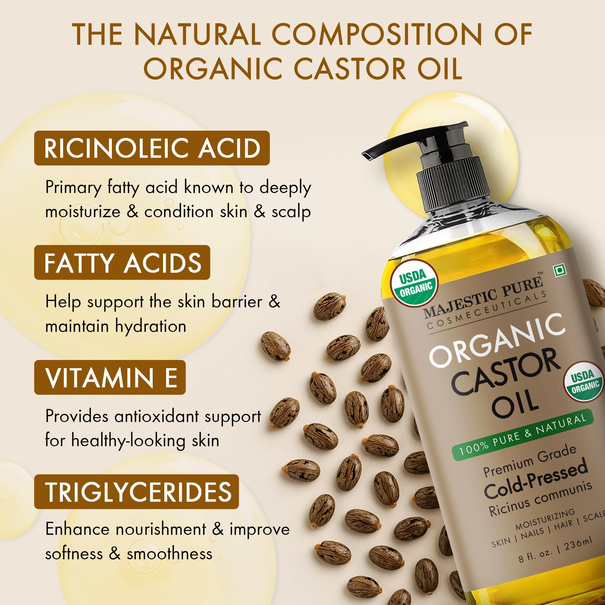 Majestic Pure Aceite de ricino para rostro, brillo natural