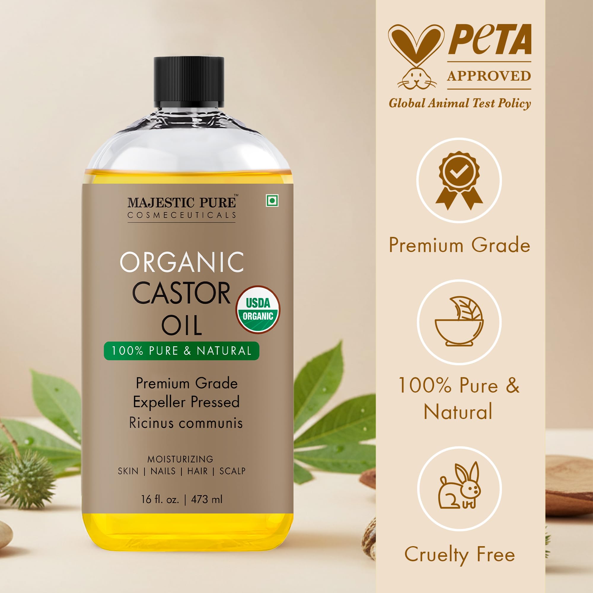 Aceite de Ricino Majestic Pure para cejas y pestañas, acondiciona suavemente.