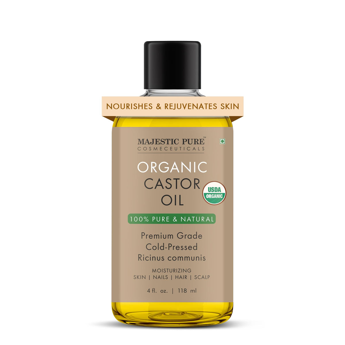 Majestic Pure Aceite de ricino orgánico en envase con dispensador para uso diario.