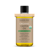 Majestic Pure Aceite de ricino orgánico en envase con dispensador para uso diario.