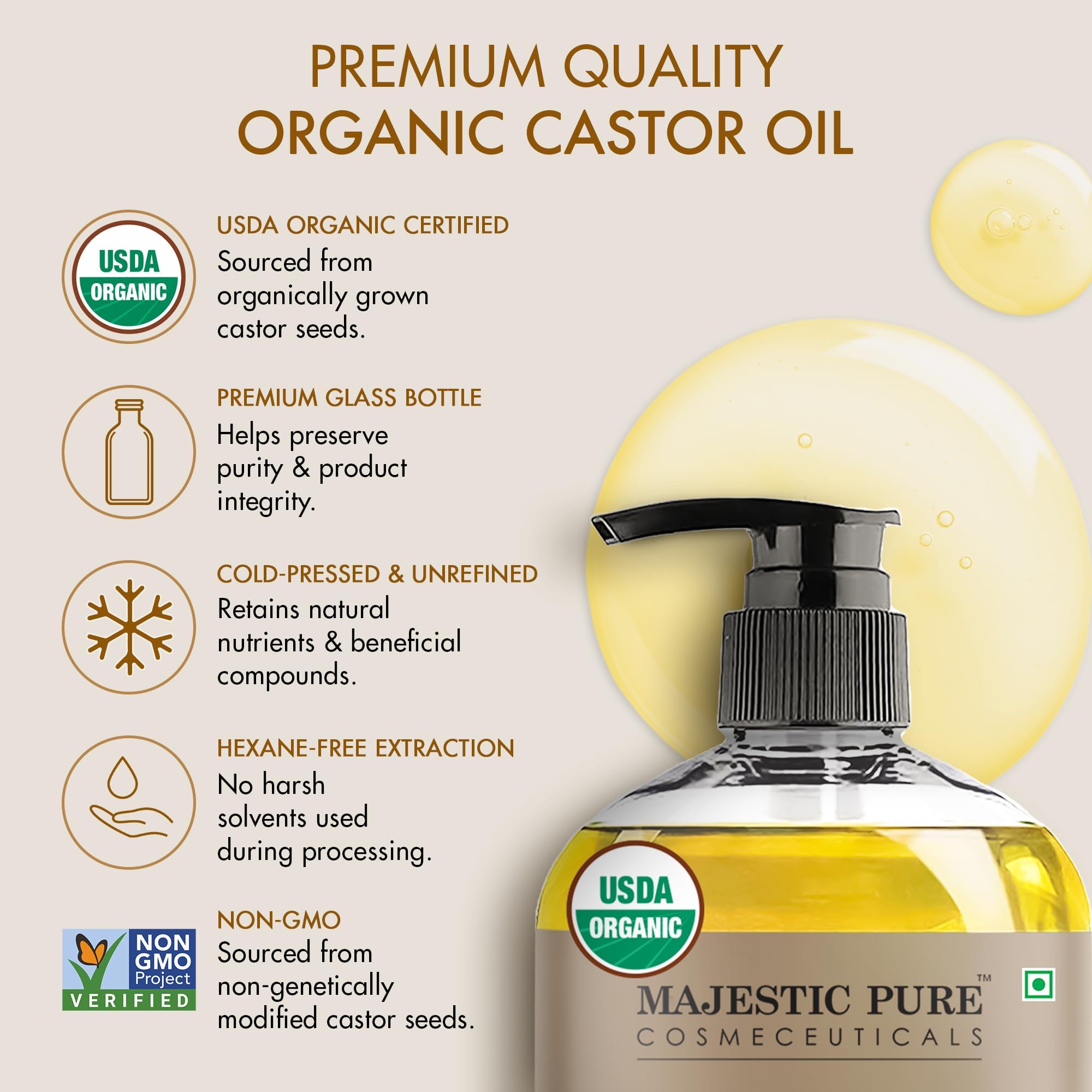 Majestic Pure Aceite de ricino para pestañas y cejas, acondicionamiento suave