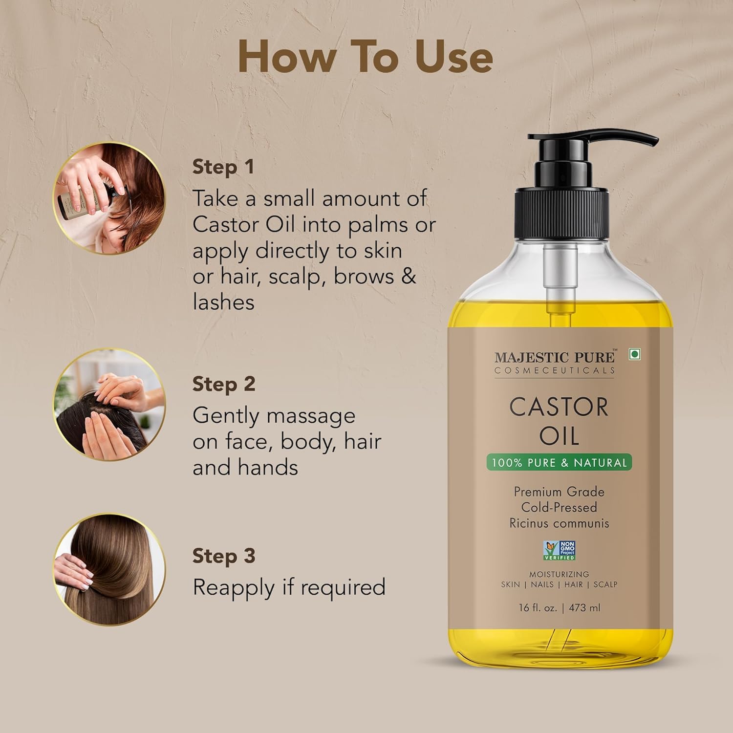 Majestic Pure aceite de ricino en rutina facial con nutrición diaria