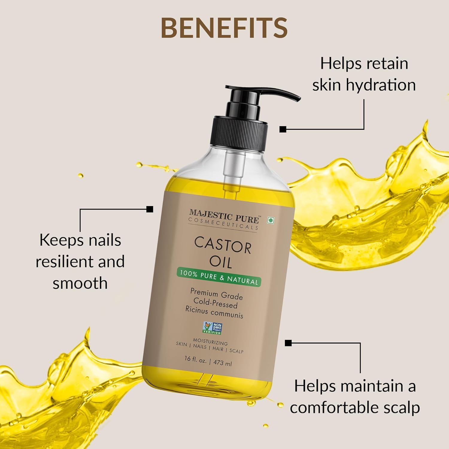 Majestic Pure aceite de ricino, textura ligera y absorción rápida para piel