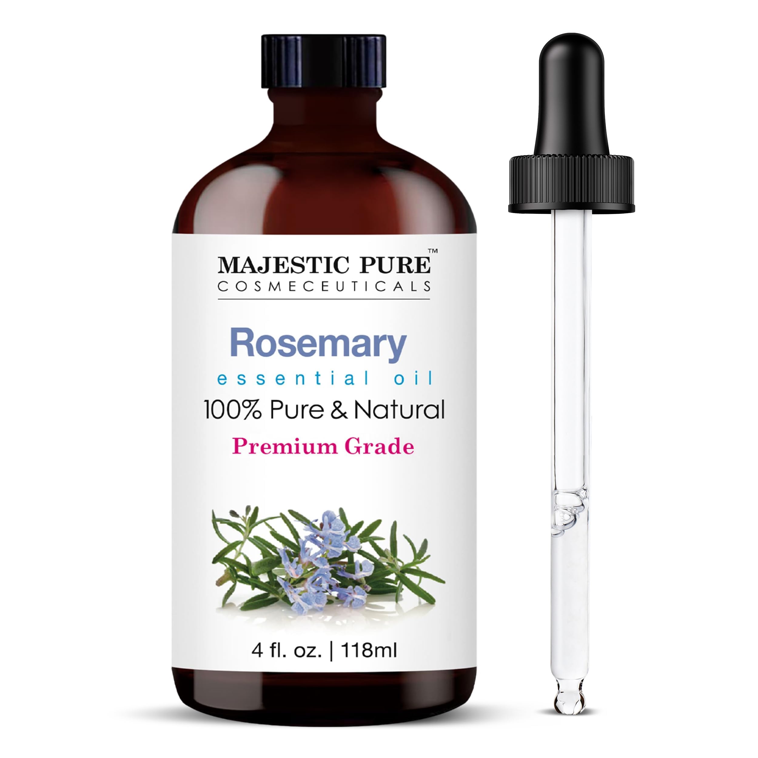 Majestic Pure Aceite de romero en botella ámbar con gotero, ideal para aromaterapia.