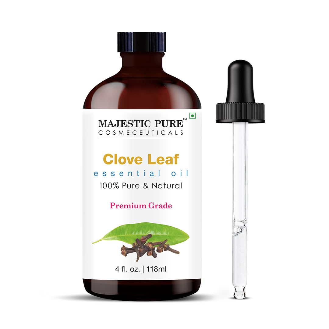 Majestic Pure Clavo en botella de vidrio ambar protege el aceite ante la luz.