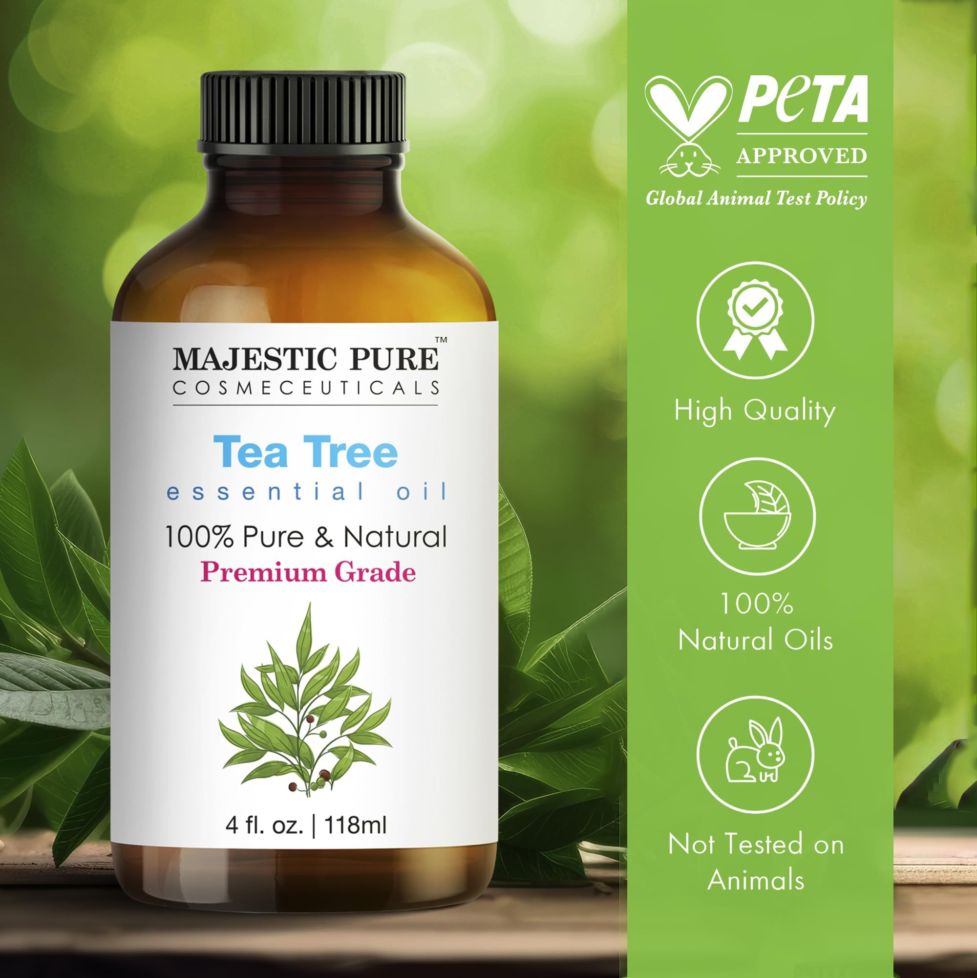 Majestic Pure frasco ámbar y gotero facilita medir el aceite de árbol de té