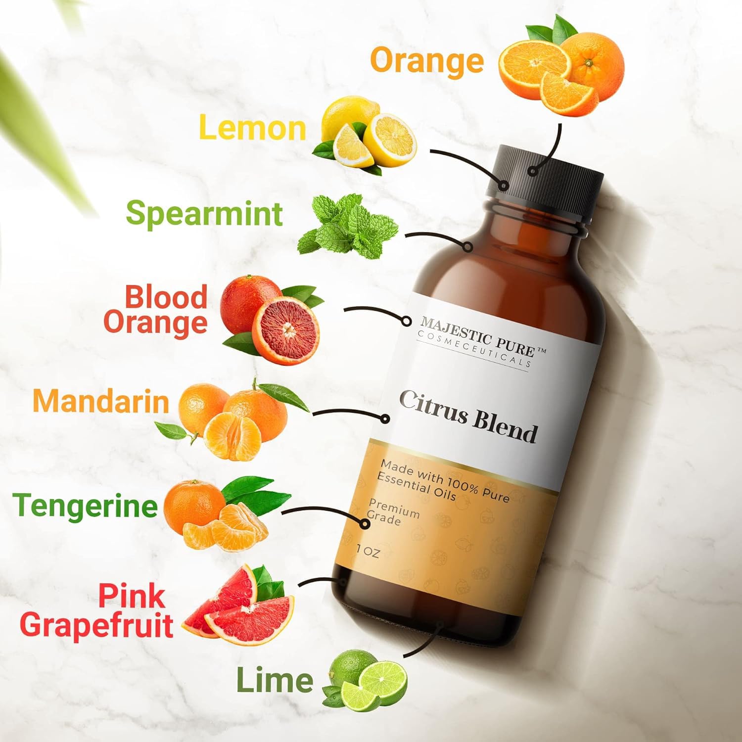 Mezcla cítrica de limón, naranja, menta y pomelo rosa para bienestar sensorial.