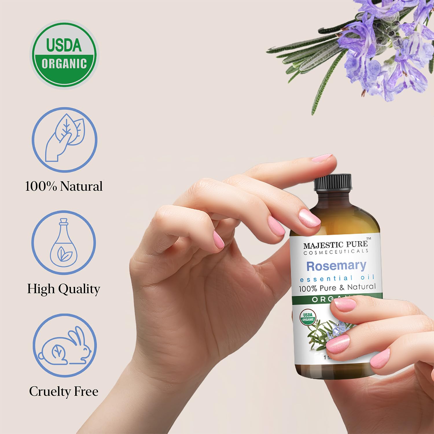 Majestic Pure romero, aceite esencial para cuidado de la piel con propiedades tonificantes.