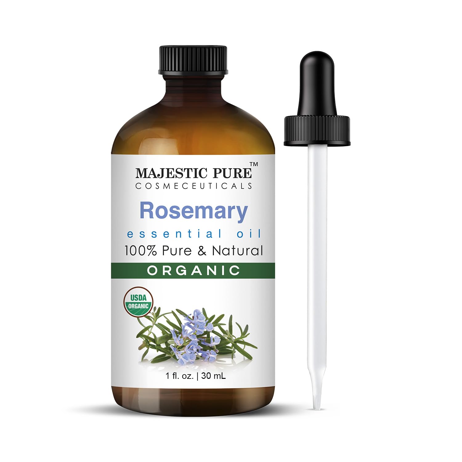 Majestic Pure aceite esencial de romero, frasco 1oz, ideal para cuidado capilar.