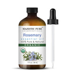 Majestic Pure aceite esencial de romero, frasco 1oz, ideal para cuidado capilar.