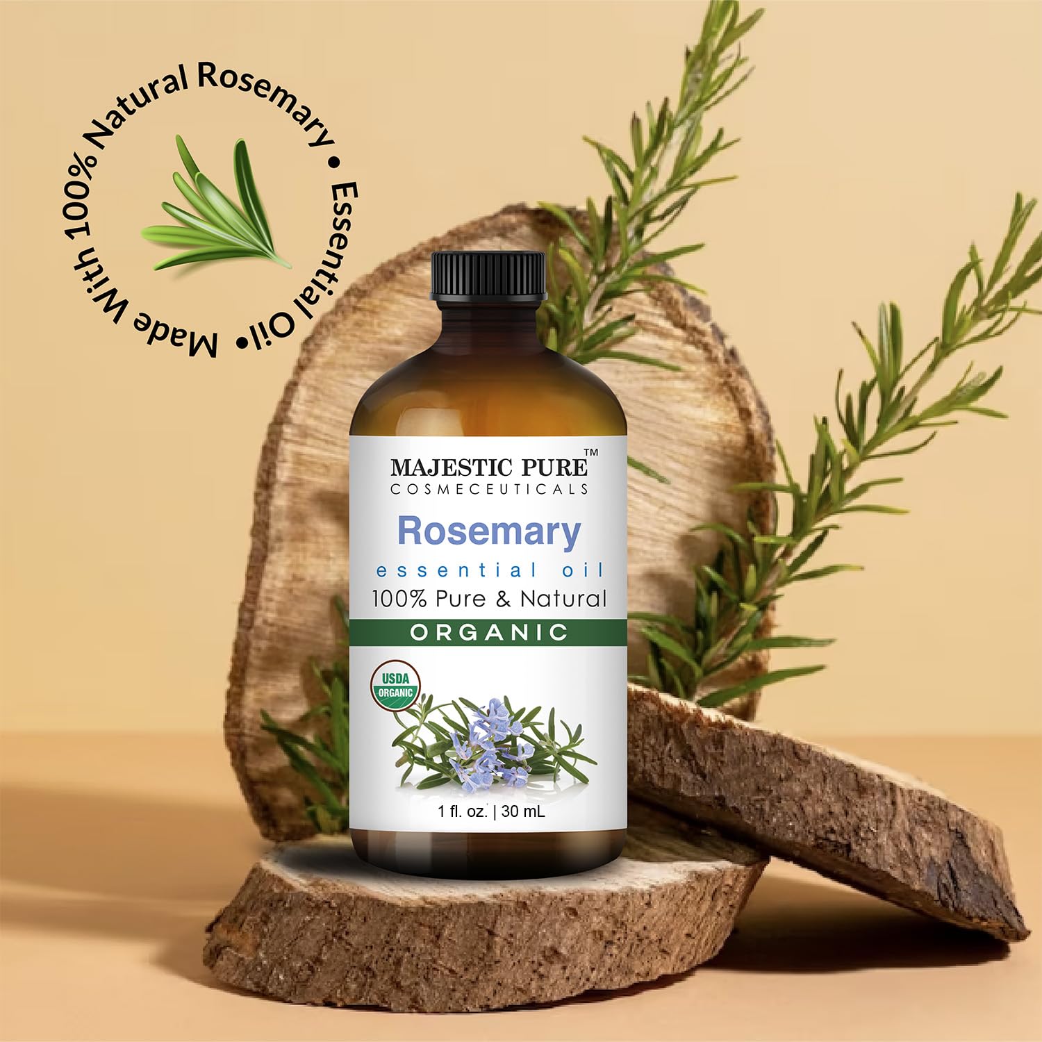 Majestic Pure romero, aceite esencial en frasco de vidrio ámbar para proteger la pureza.