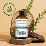 Majestic Pure romero, aceite esencial en frasco de vidrio ámbar para proteger la pureza.