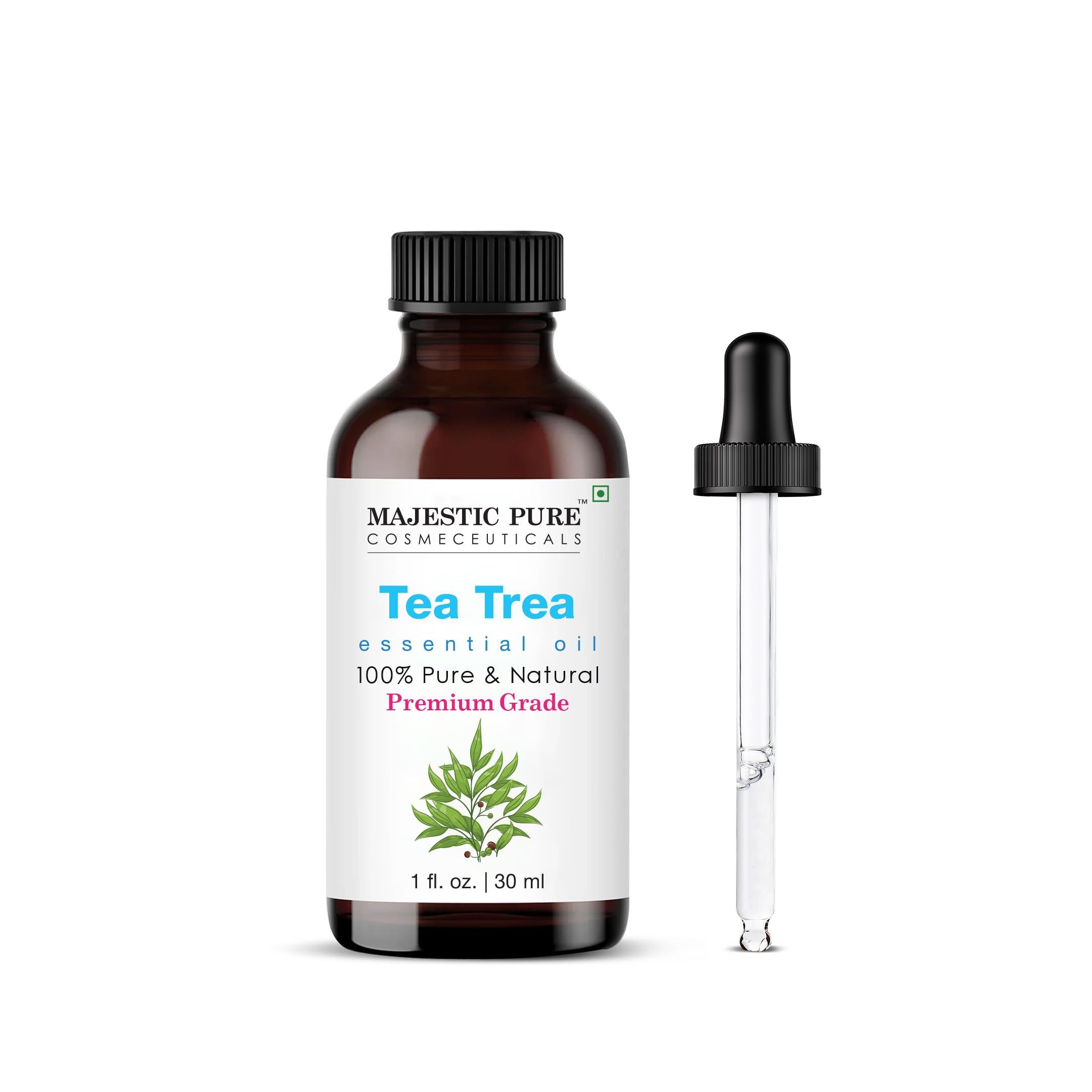 Majestic Pure Tea Tree Oil en botella ámbar, aroma puro para difusor.