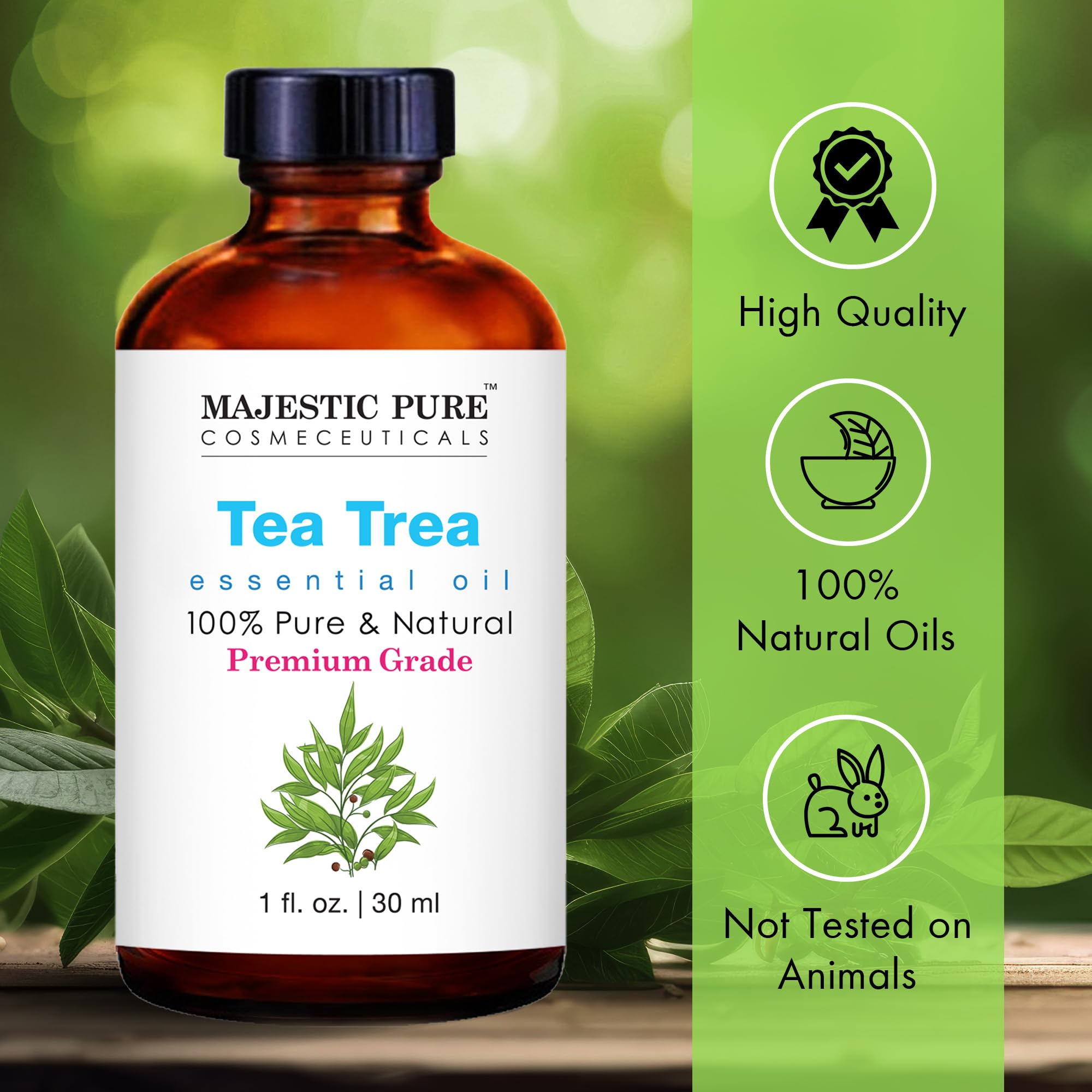 Majestic Pure Tea Tree Oil origen mundial, usos artesanales seguros.
