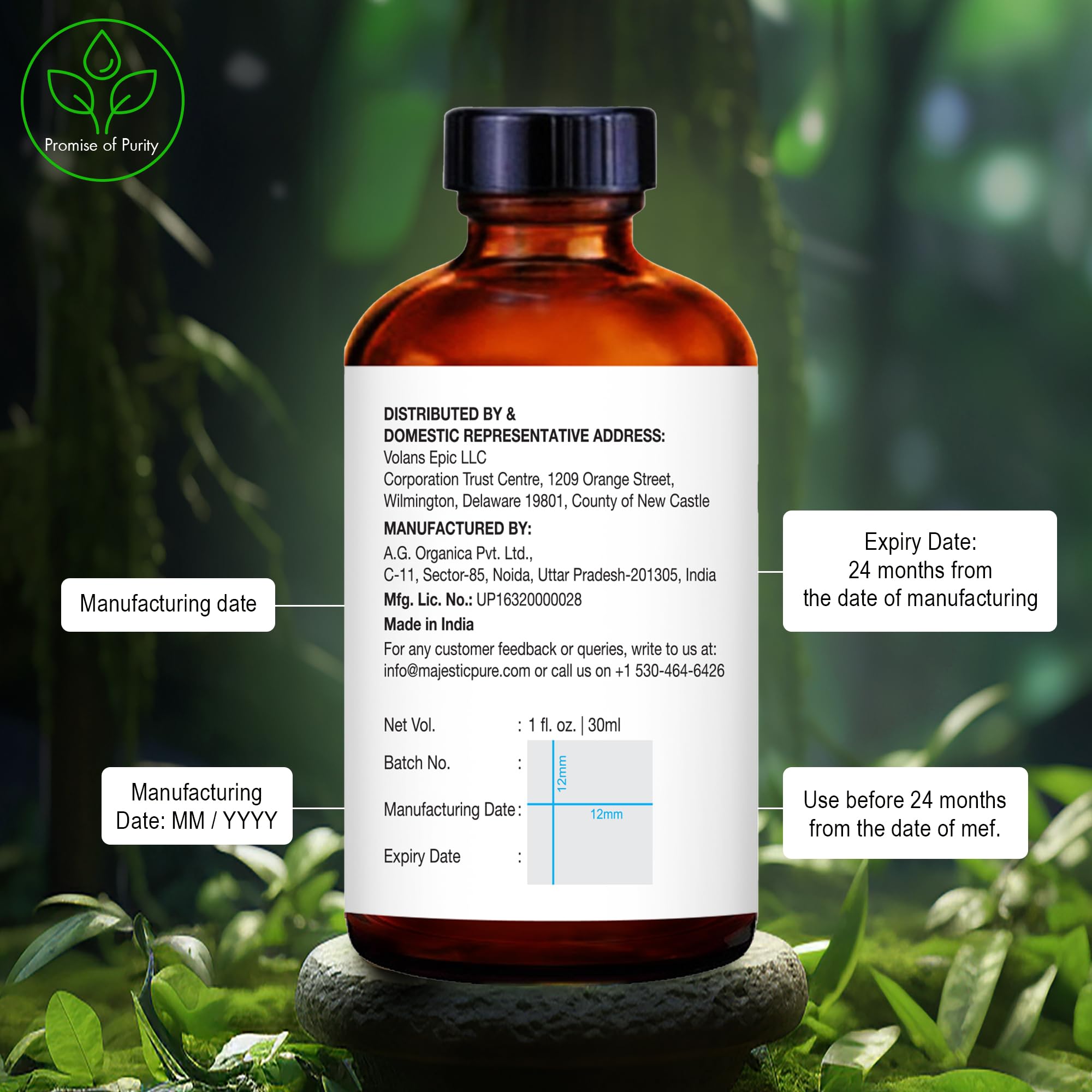Majestic Pure Tea Tree Oil en botella de vidrio, protege la calidad frente a la luz.