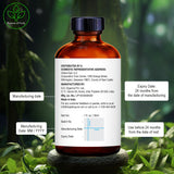 Majestic Pure Tea Tree Oil en botella de vidrio, protege la calidad frente a la luz.