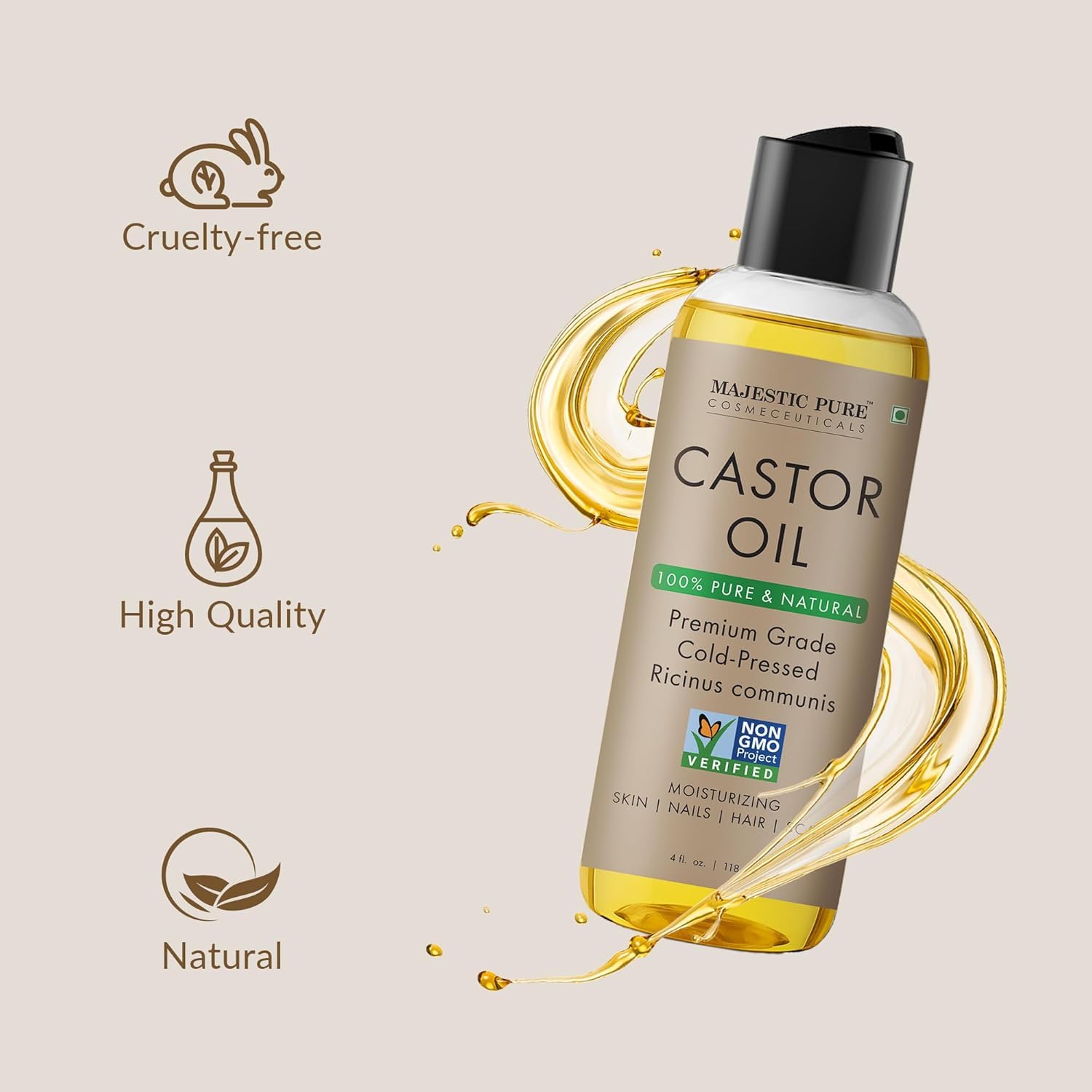 Majestic Pure Aceite de ricino, uso tópico en cabello para brillo y suavidad.