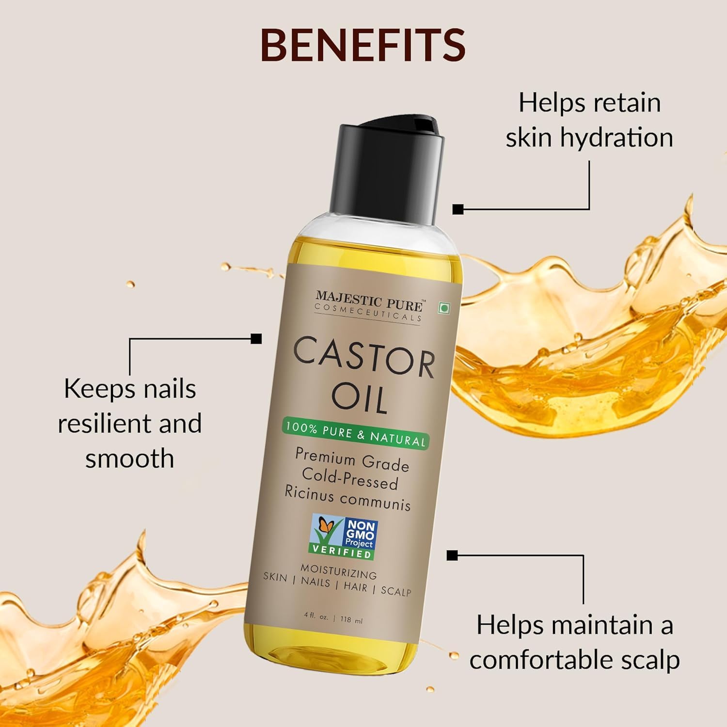 Majestic Pure Aceite de ricino para cabello con brillo y suavidad.