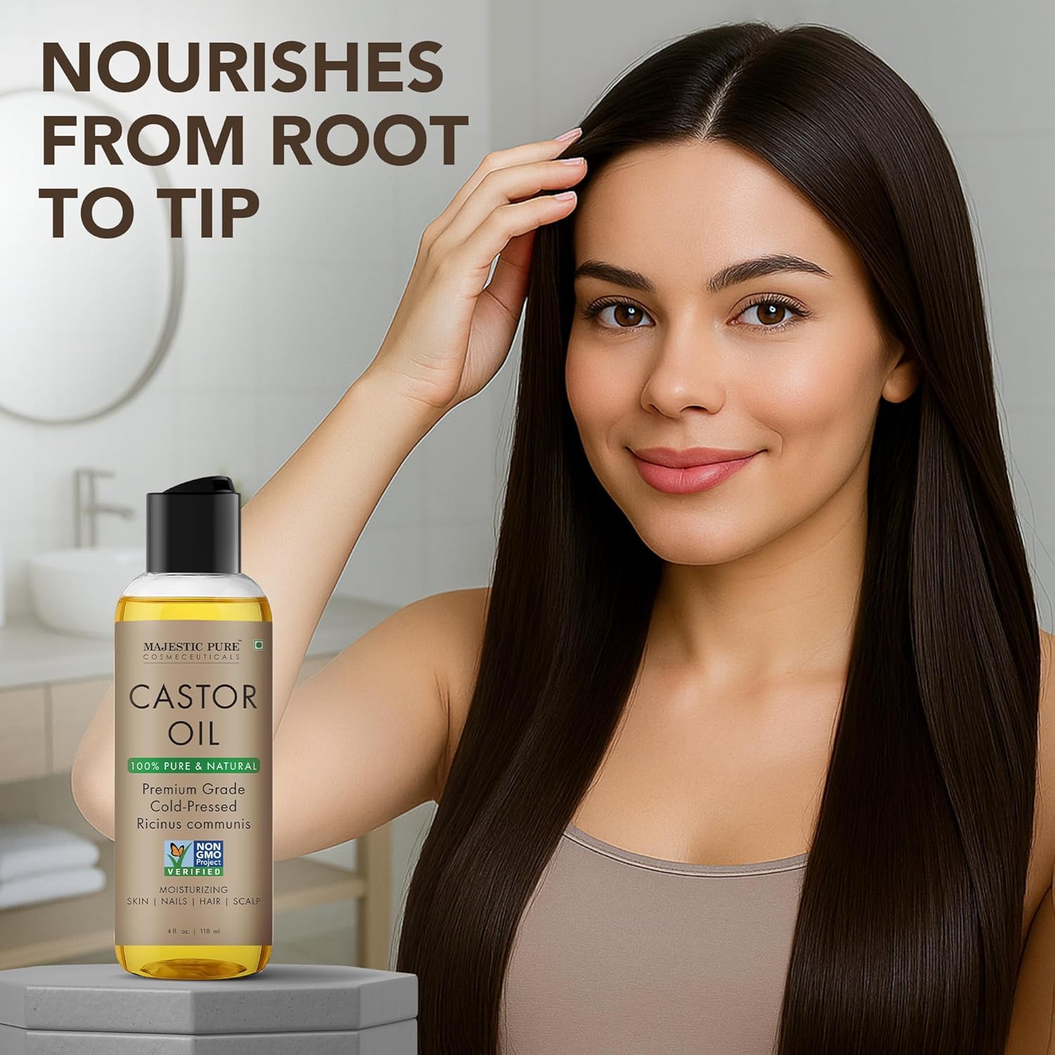 Majestic Pure Aceite de ricino, sin hexano y envase práctico.