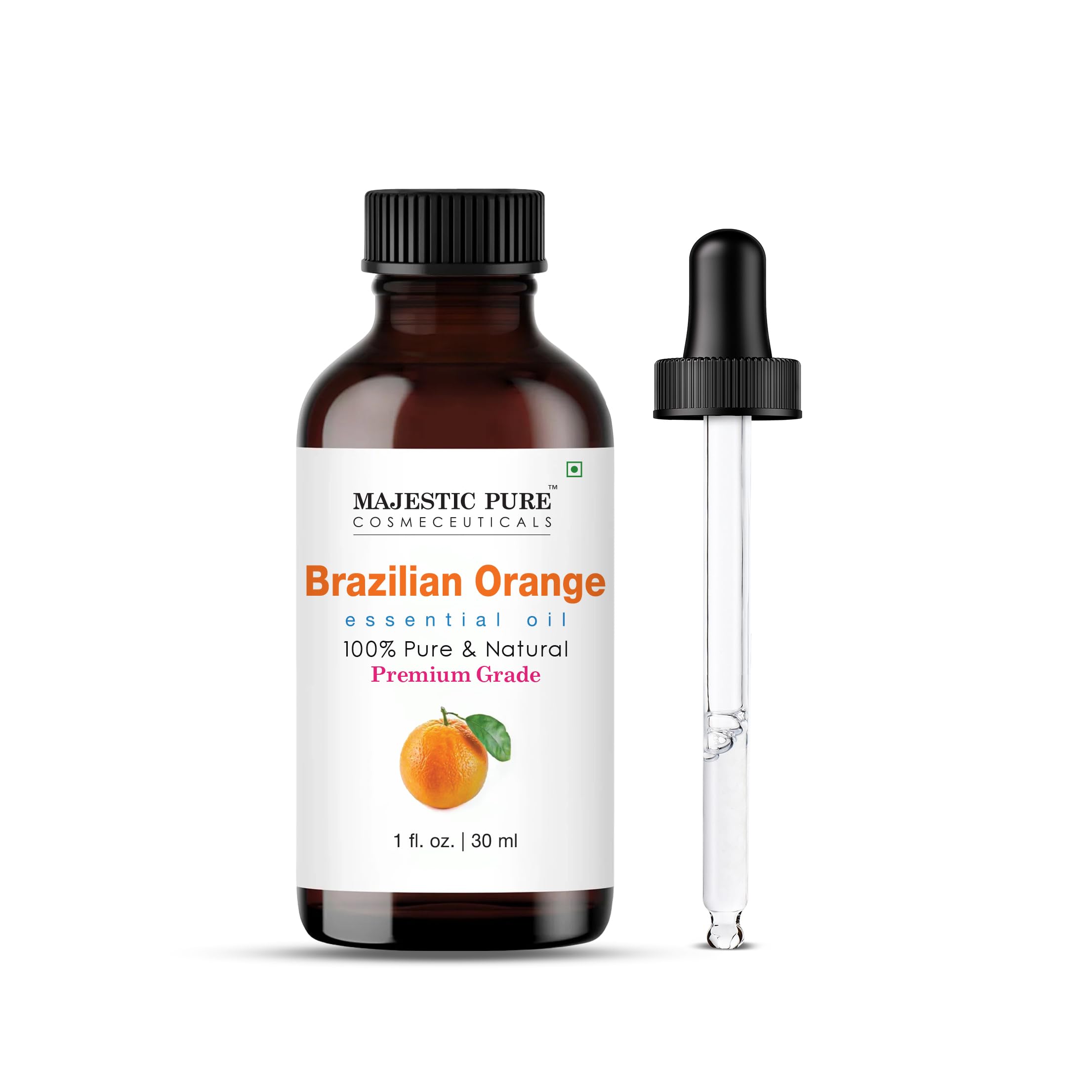 Majestic Pure Aceite de Naranja Brasileño en frasco ámbar con gotero para aromaterapia.
