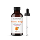 Majestic Pure Aceite de Naranja Brasileño en frasco ámbar con gotero para aromaterapia.