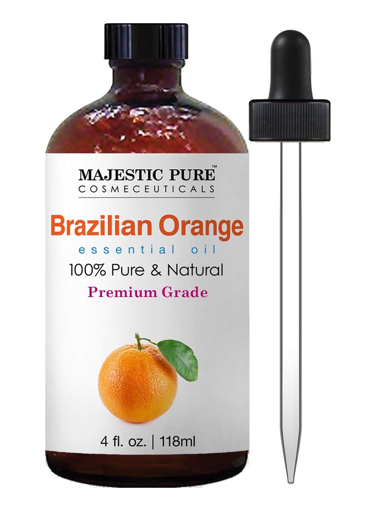 Majestic Pure Aceite Naranja Brasileño en frasco de vidrio ámbar protege el aroma