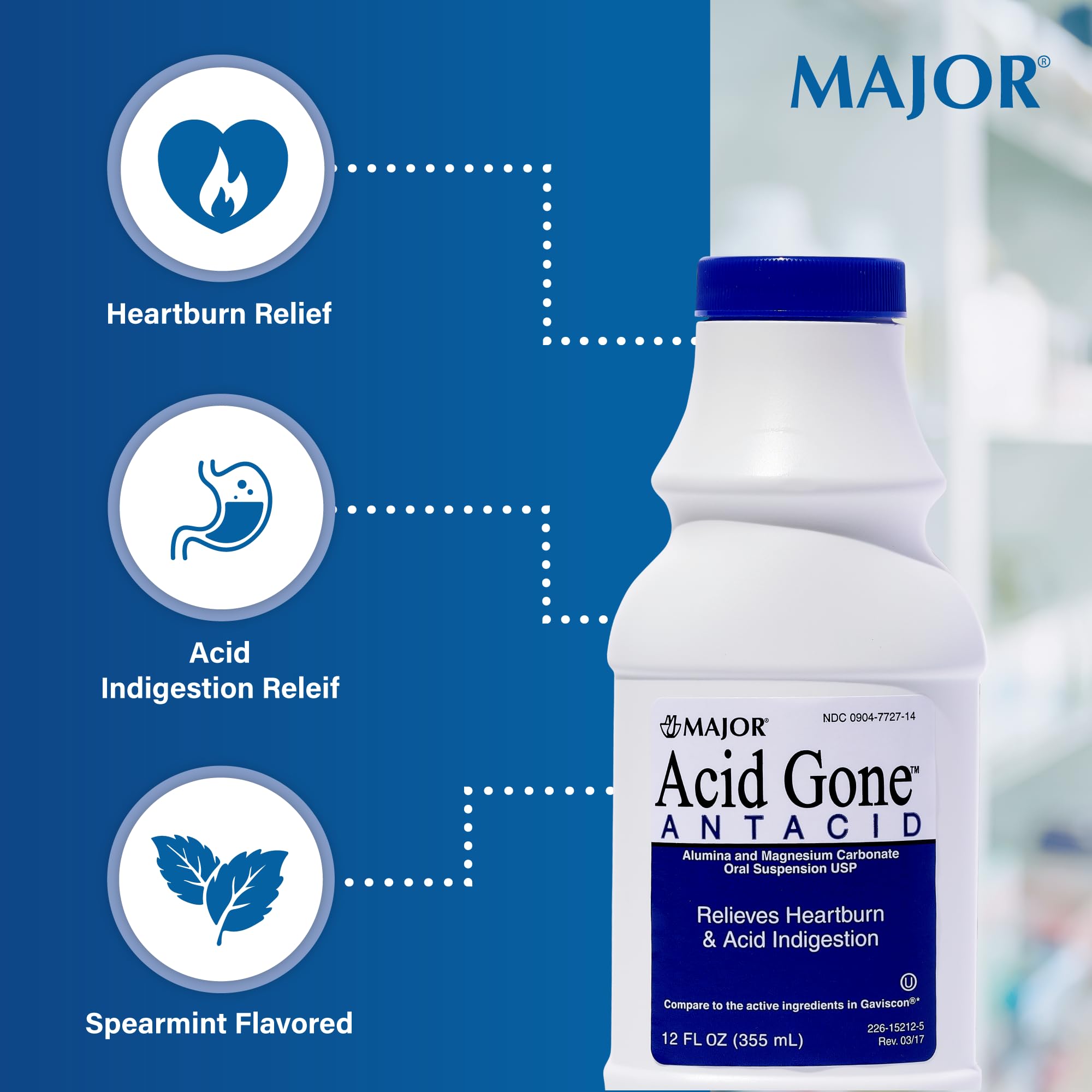 MAJOR Acid Gone fórmula con hidróxido de aluminio y magnesio para neutralizar la acidez.