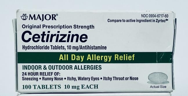 MAJOR alergia todo el día cetirizina 10 mg, botella blanca en primer plano