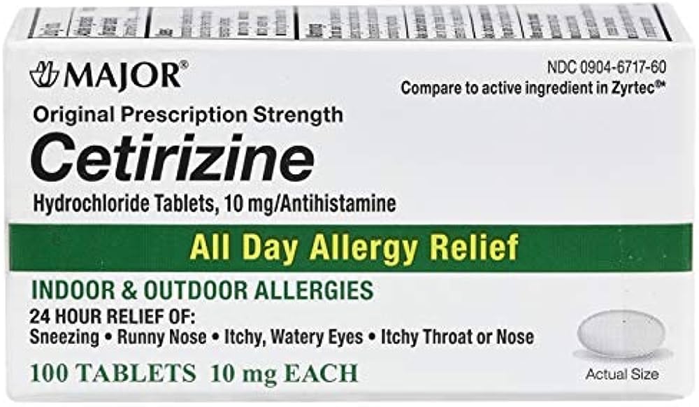 MAJOR alergia todo el día cetirizina 10 mg, caja frontal, dosis diaria clara