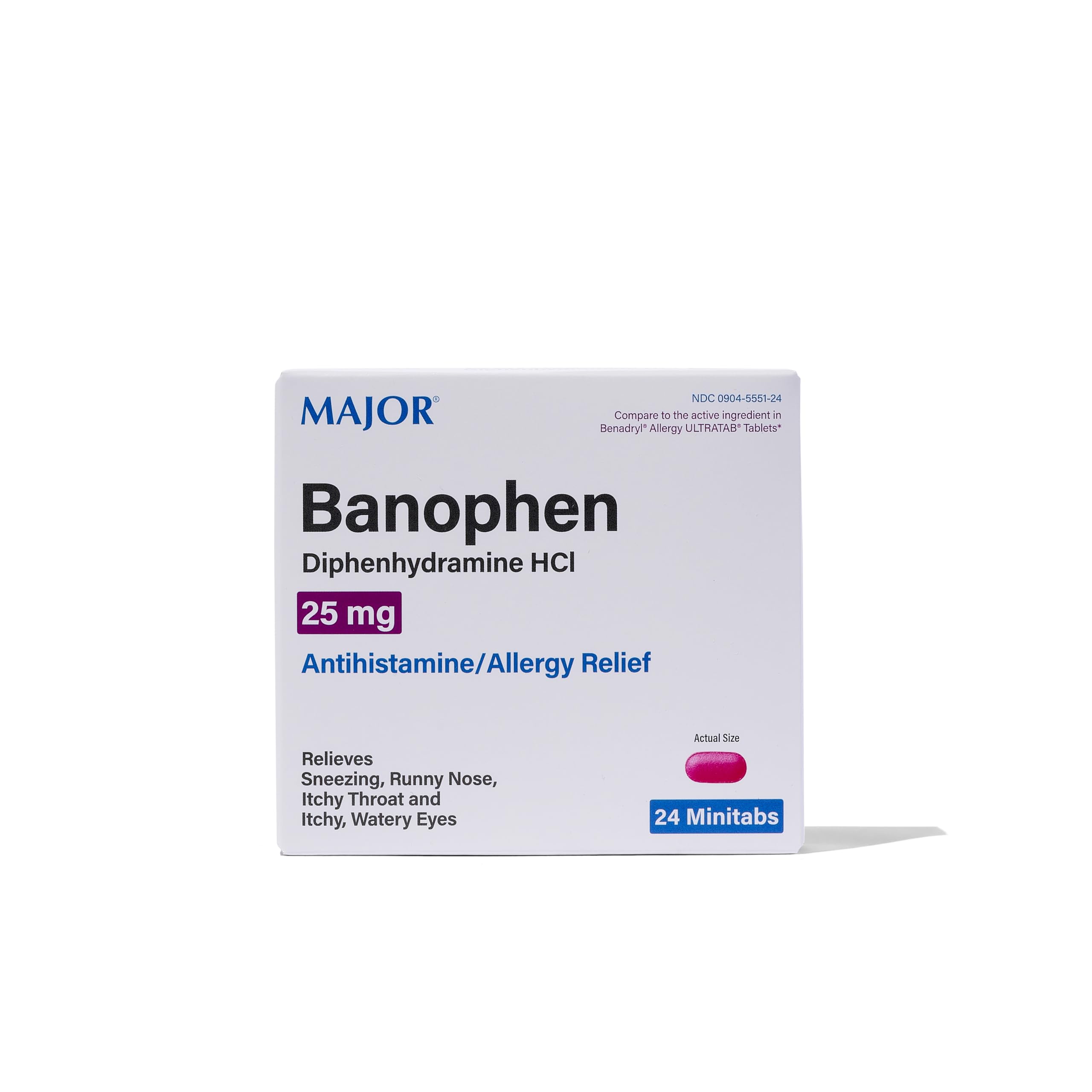 MAJOR Banophen minitabs 25 mg, caja, alivio temporal de síntomas alérgicos.