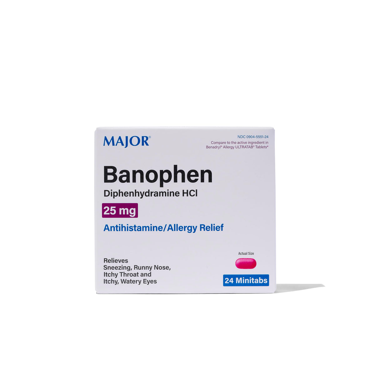 MAJOR Banophen minitabs 25 mg, caja, alivio temporal de síntomas alérgicos.