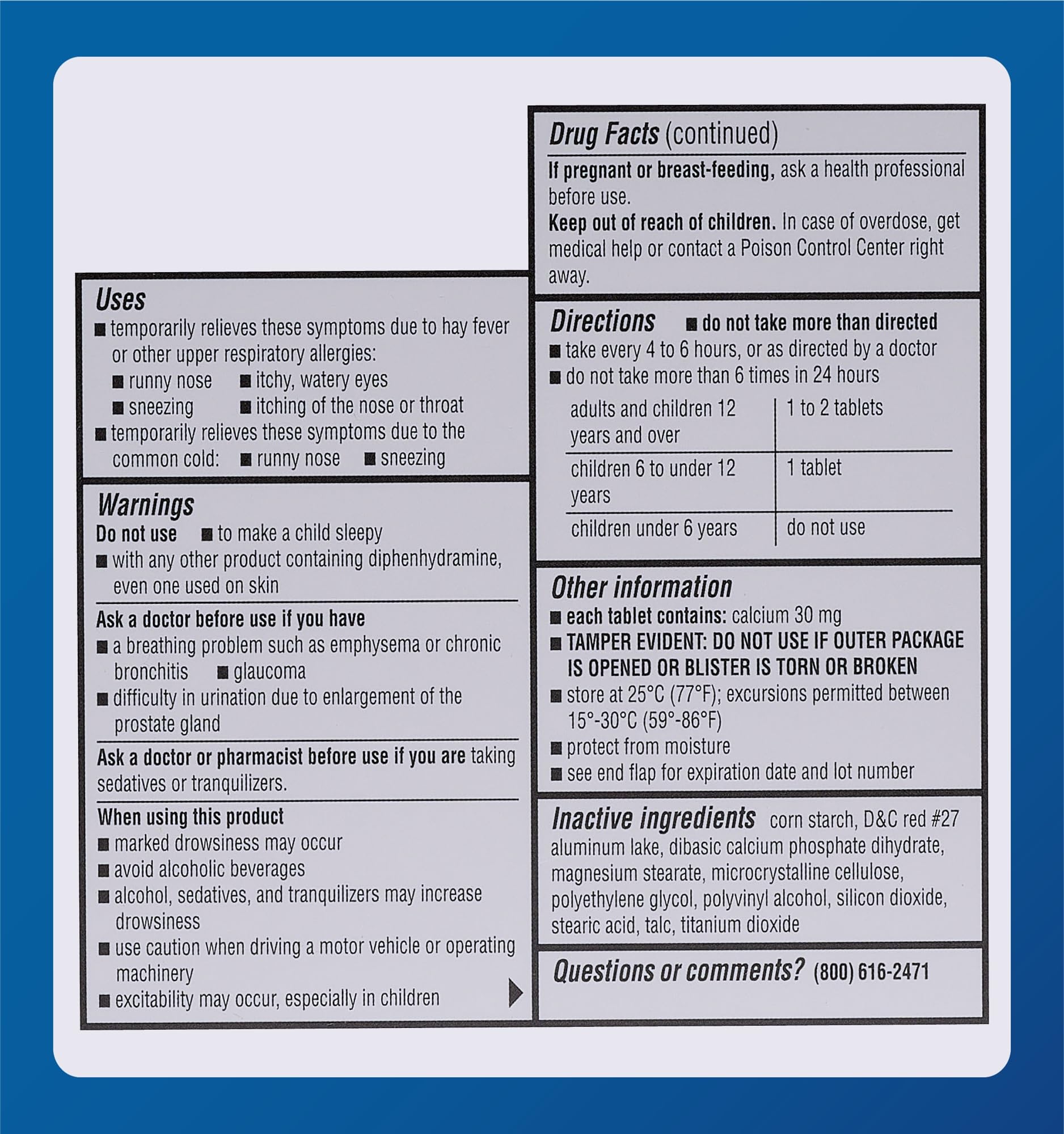MAJOR Banophen minitabs 25 mg, empaque principal para almacenamiento.