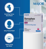 MAJOR Banophen minitabs 25 mg, tabletas blancas para alergias.