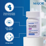 MAJOR Banophen minitabs blister cercano con tabletas de 25 mg visibles.