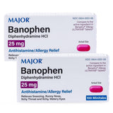 MAJOR Banophen minitabs empaque frontal con dosis de 25 mg para uso rápido.