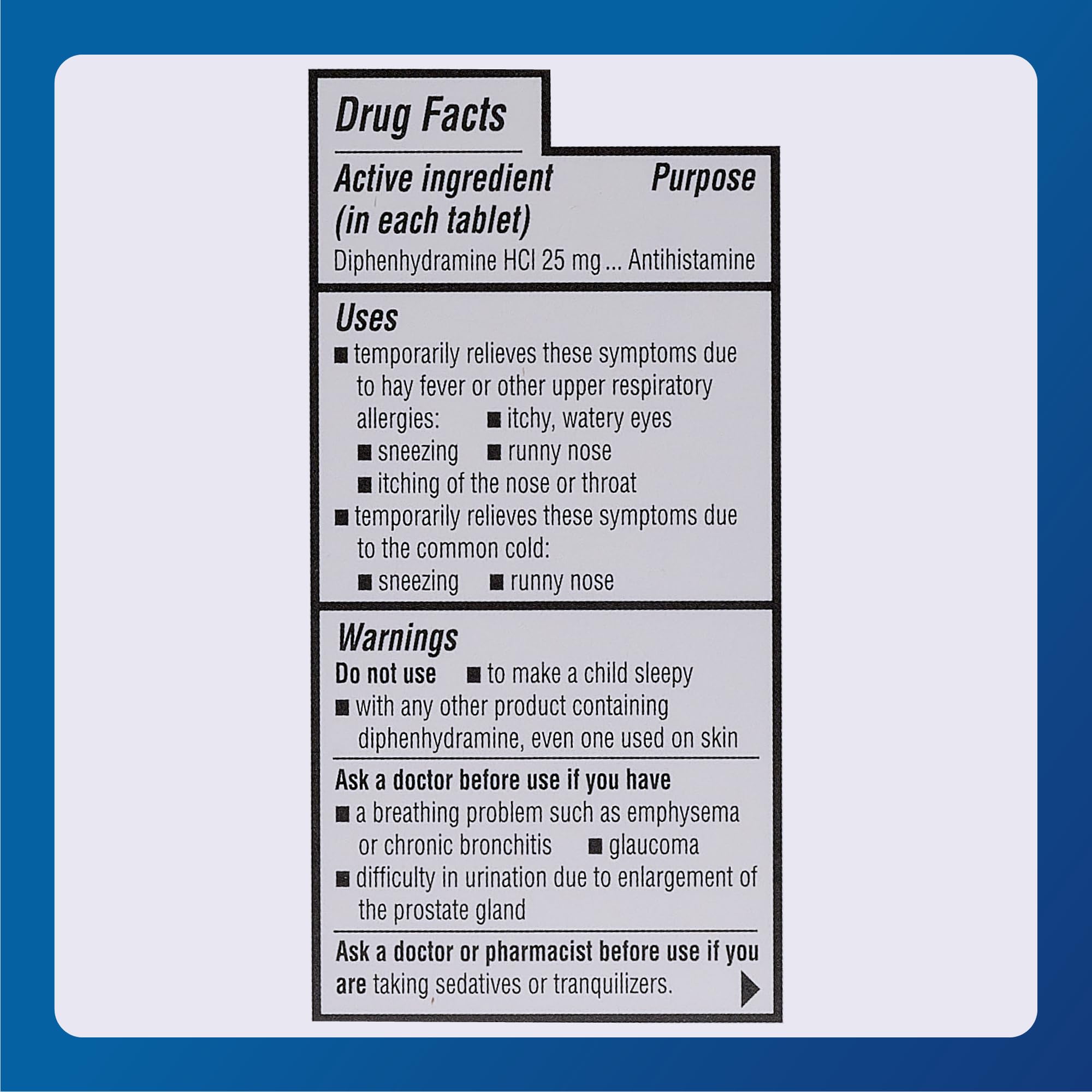 MAJOR Banophen minitabs tabletas 25 mg en blister, detalle cercano.