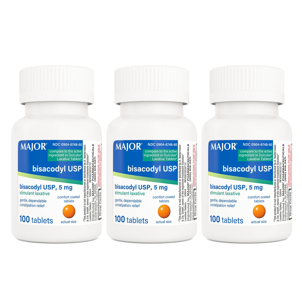 MAJOR Bisacodyl USP 5 mg, empaque frontal, opción confiable para alivio ocasional.