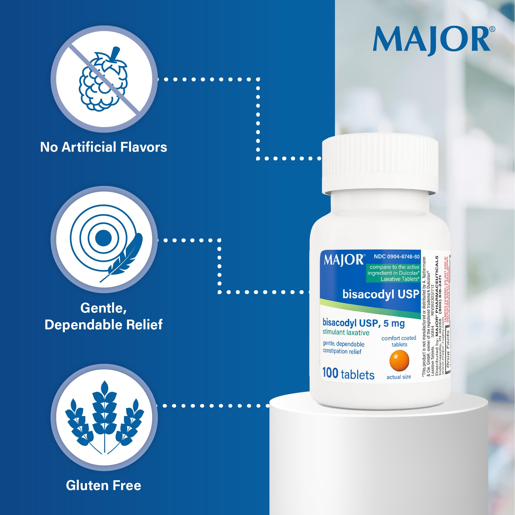 MAJOR Bisacodyl USP 5 mg, envase de 100 tabletas para uso ocasional.