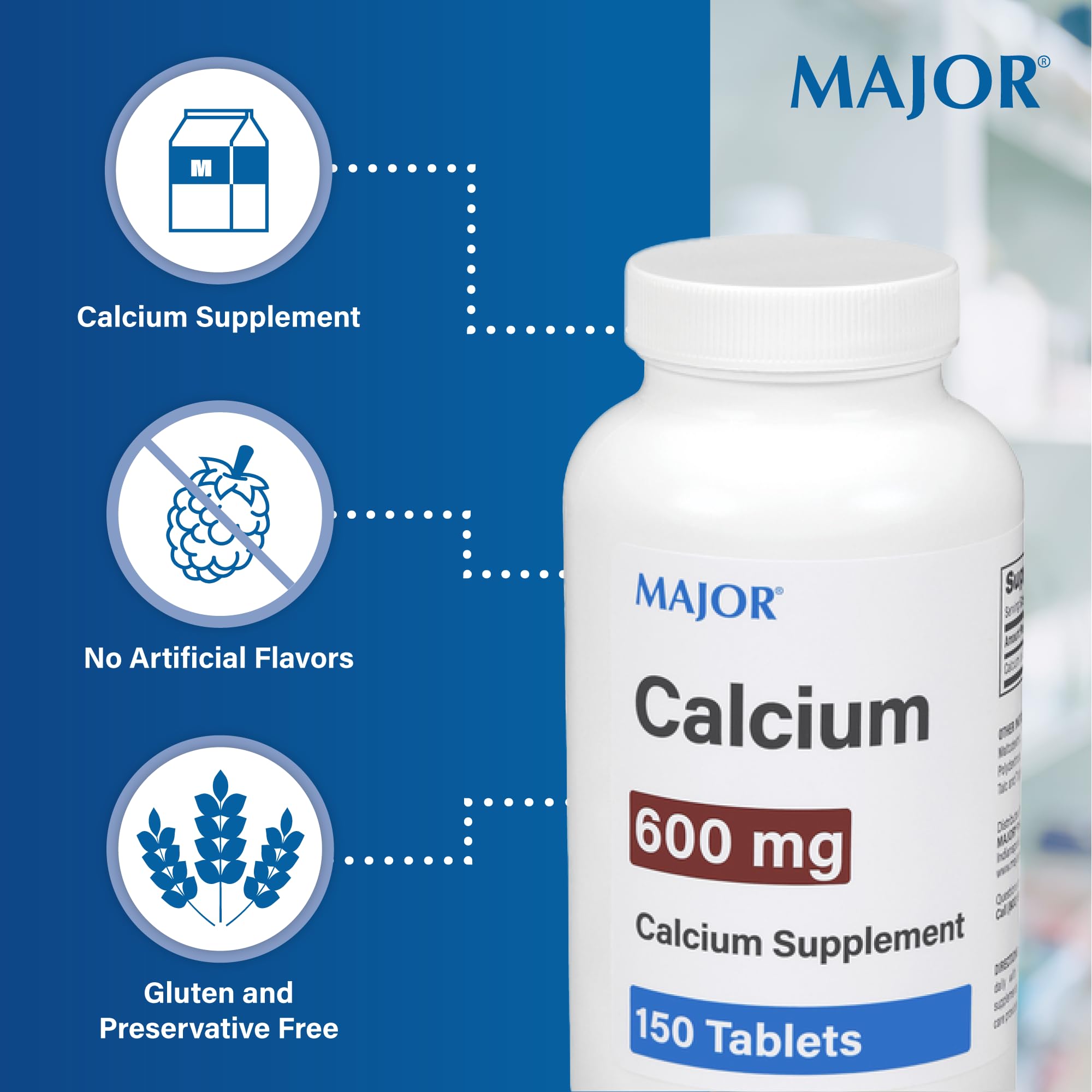 Major calcio tabletas 600mg, envase de 150 comprimidos.
