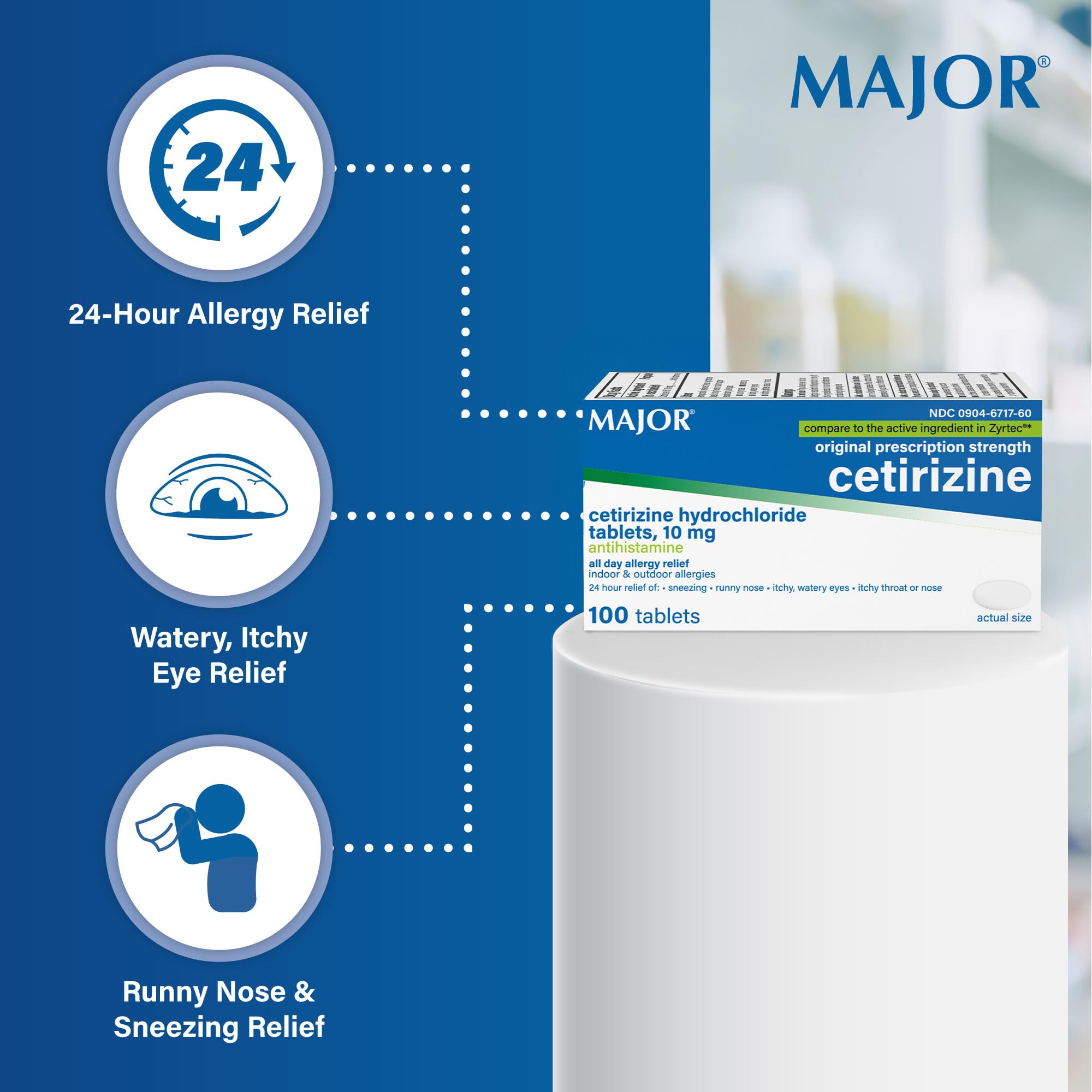 Major Cetirizina: frasco compacto ideal para viaje o bolso.