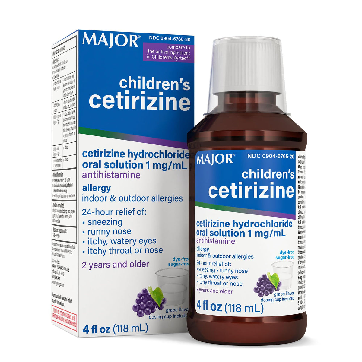 Major Cetirizina infantil, botella sabor uva, lista para uso diario en casa.