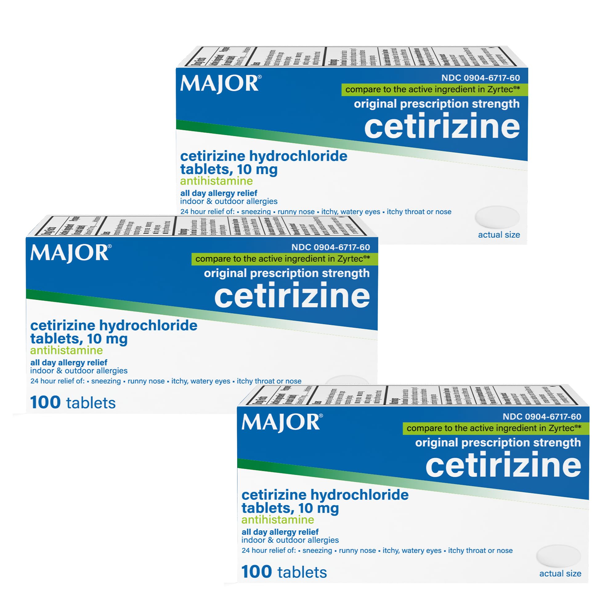 Major Cetirizina 10 mg: frasco de tabletas para alivio de alergias durante 24 horas.