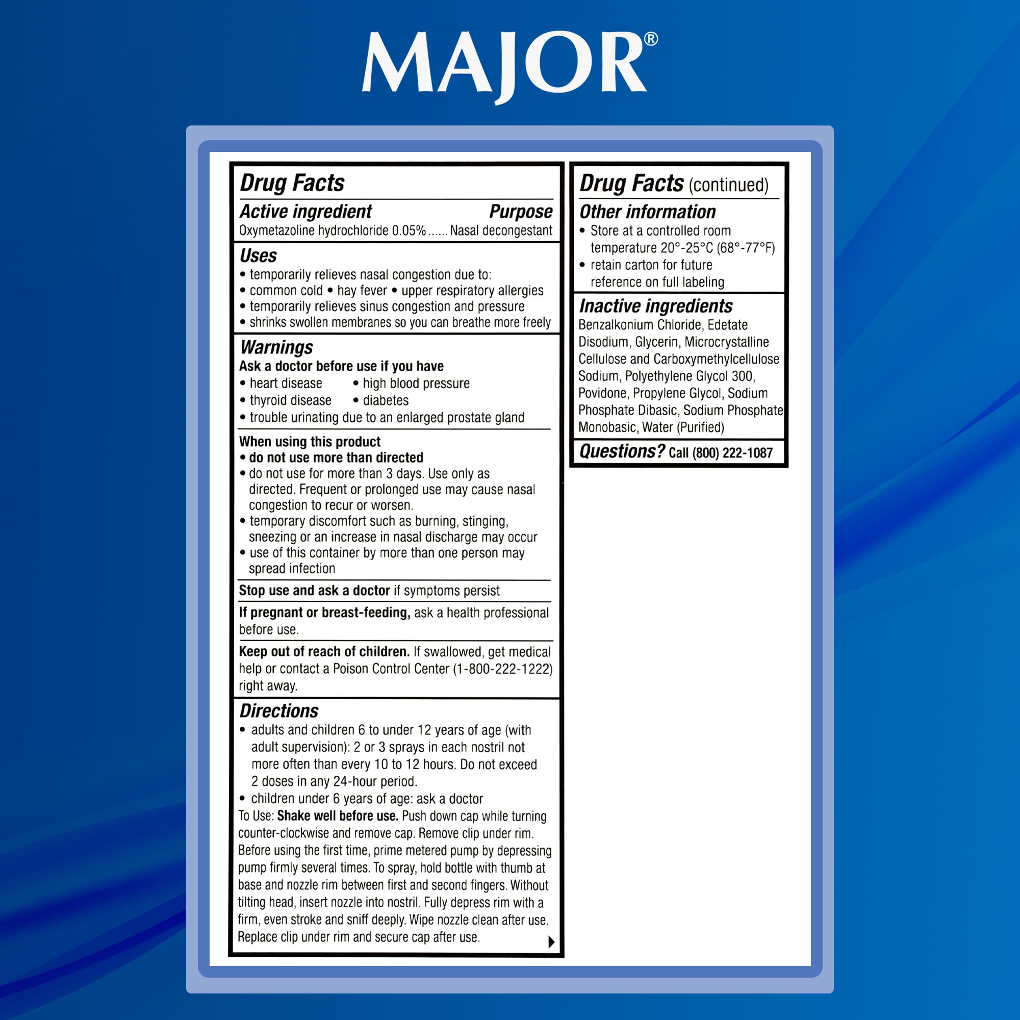 MAJOR rociador nasal, sistema de dispensación suave y uniforme