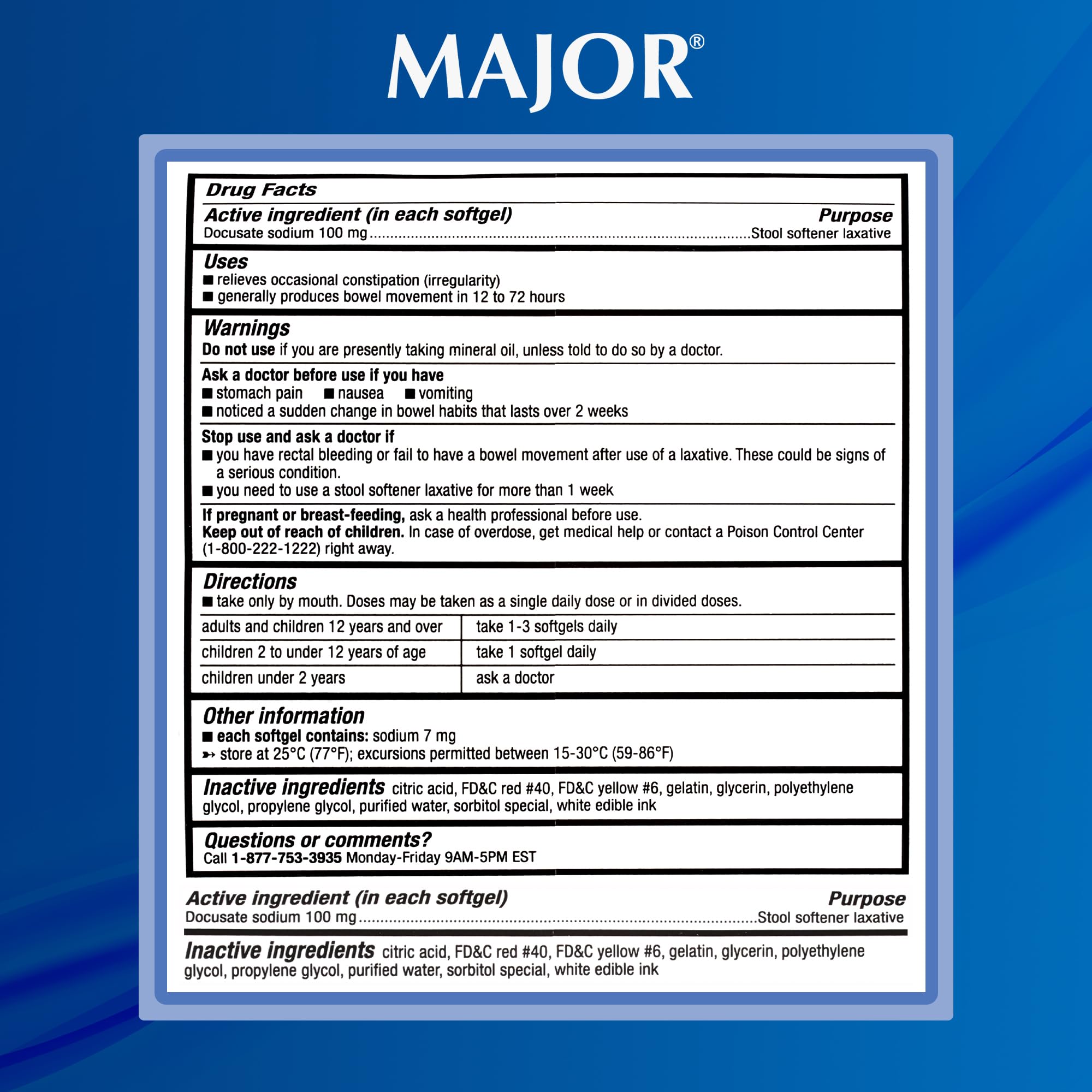 MAJOR Docusate Sodium 100 mg: cápsulas saliendo del envase para uso suave