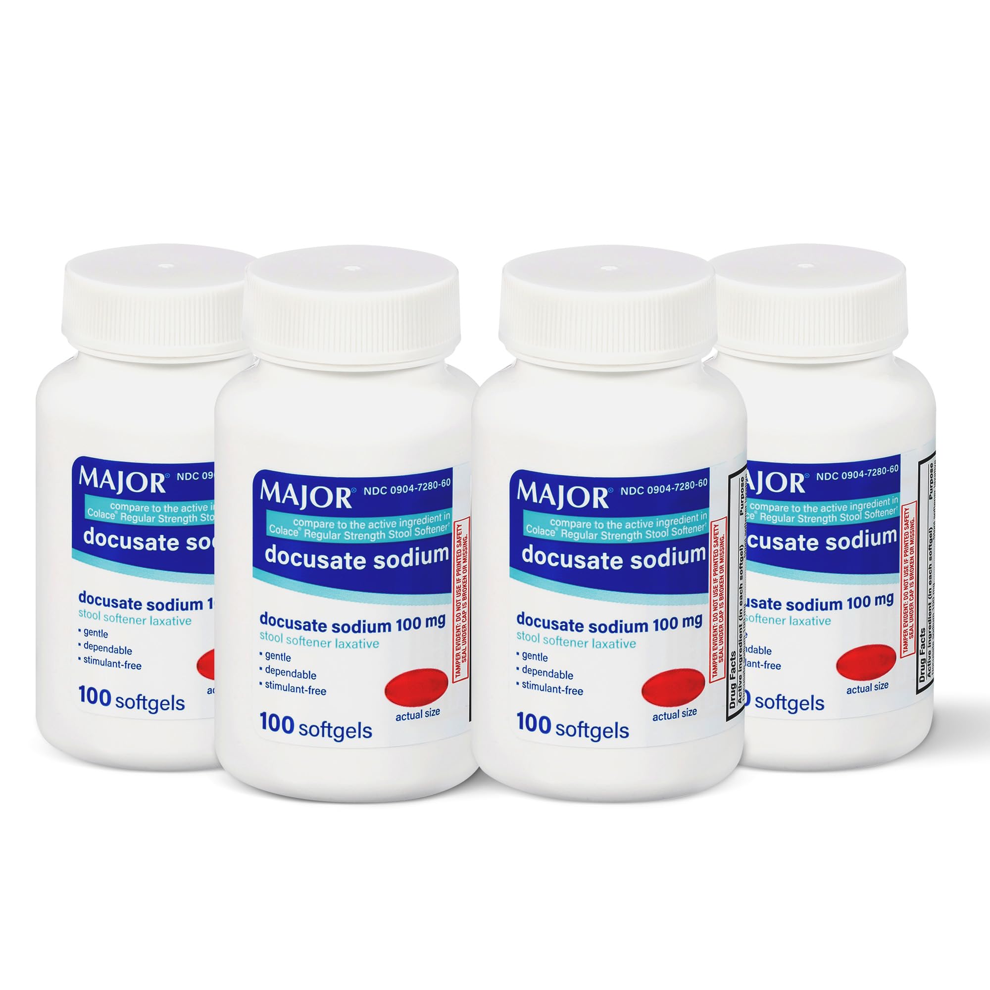 MAJOR Docusato 100 mg, botella visible, alivio suave para el estreñimiento ocasional.