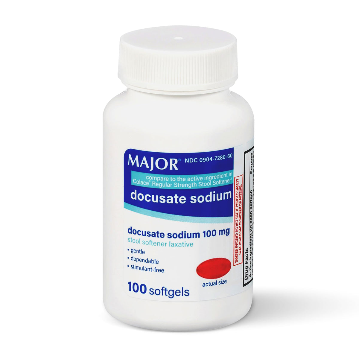 MAJOR Docusate Sodium 100 mg softgels en frasco, suavizan heces para alivio cómodo.