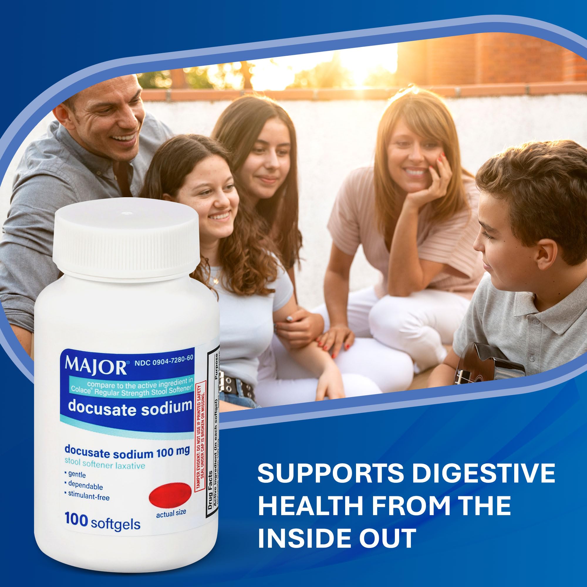 MAJOR Docusate Sodium 100 mg softgels uso diario, opción suave y segura.